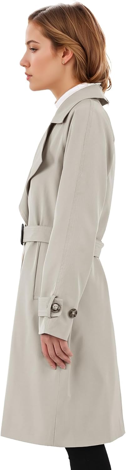 Aurlane Women's Casual Notched Lapel Trench Coat Mid-Length Slim Fit Overcoat with Belt