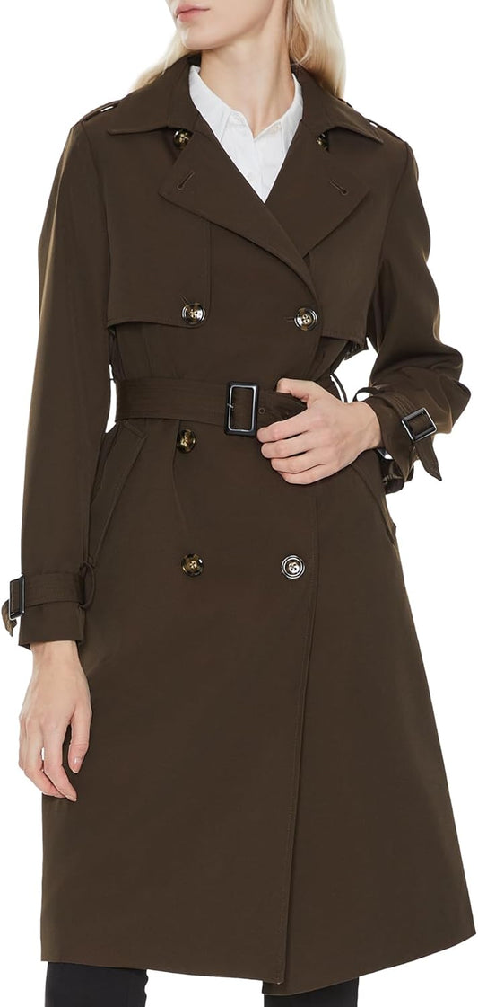 Aurlane Women's Long Trench Coat Double-Breasted Classic Lapel Overcoat with Belt