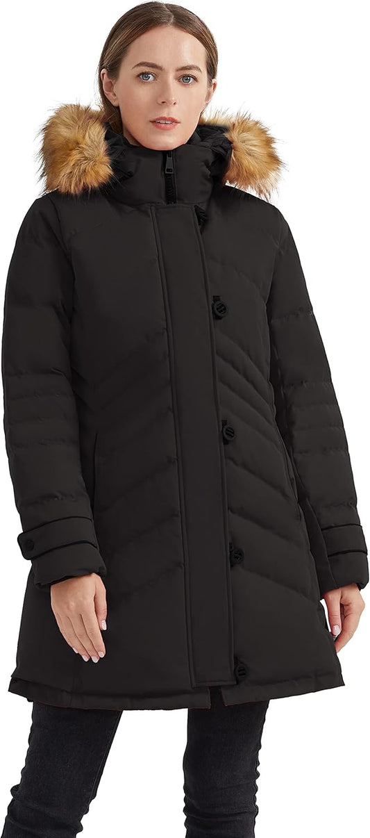 Aurlane Women's Hooded Slim Puffer Jacket Quilted Mid Length Winter Down Coat