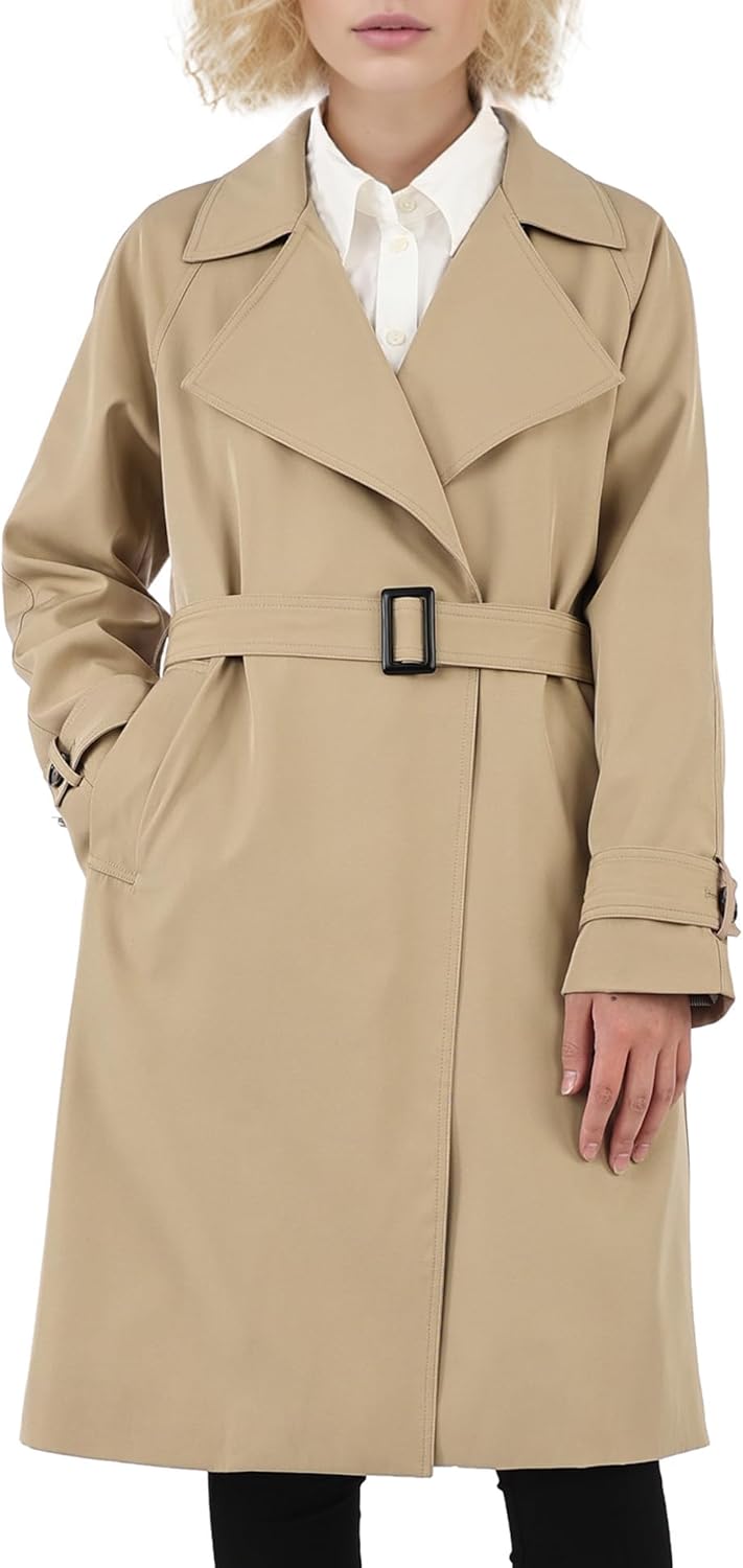 Aurlane Women's Casual Notched Lapel Trench Coat Mid-Length Slim Fit Overcoat with Belt