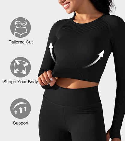 Aurlane Women's Long Sleeve Crop Tops Seamless Athletic Yoga Workout Slim Fit Gym Shirts