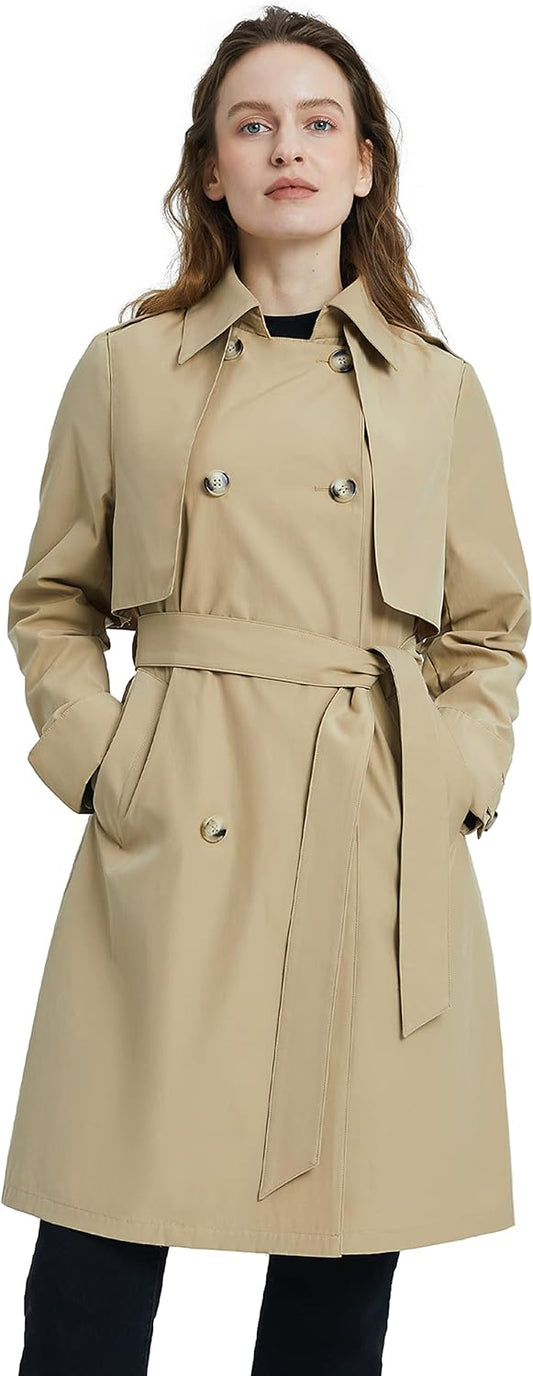 Aurlane Women's Classic Trench Coat 3/4 Length Double-Breasted with Removable Vest