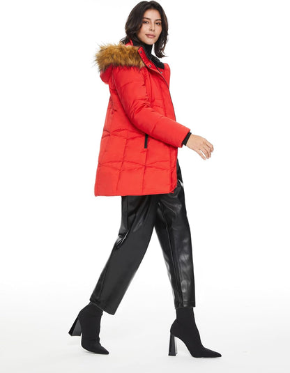 Aurlane Women’s Insulated Jacket with Removable Hood Faux Fur Zip up Winter Coat Mid-length