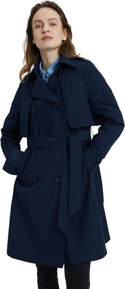 Aurlane Women's Classic Trench Coat 3/4 Length Double-Breasted with Removable Vest