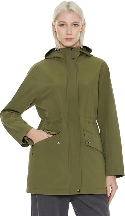 Aurlane Women's Military Anorak Jacket Zip-Up Windbreaker Active Hooded Outerwear with Pockets