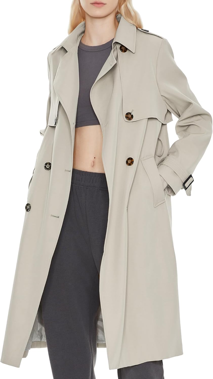 Aurlane Women's Long Trench Coat Double-Breasted Classic Lapel Overcoat with Belt