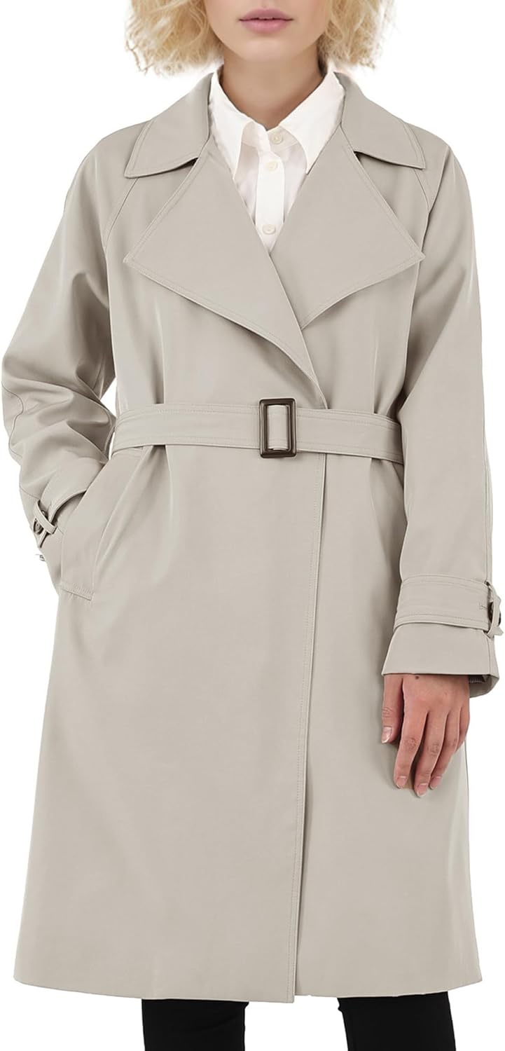 Aurlane Women's Casual Notched Lapel Trench Coat Mid-Length Slim Fit Overcoat with Belt