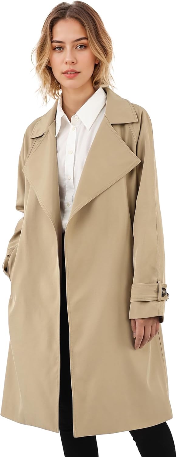 Aurlane Women's Casual Notched Lapel Trench Coat Mid-Length Slim Fit Overcoat with Belt