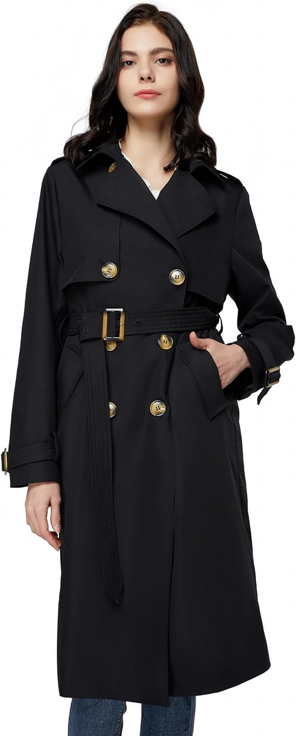 Aurlane Women's 3/4 Length Double Breasted Trench Coat Lapel Jacket with Belt