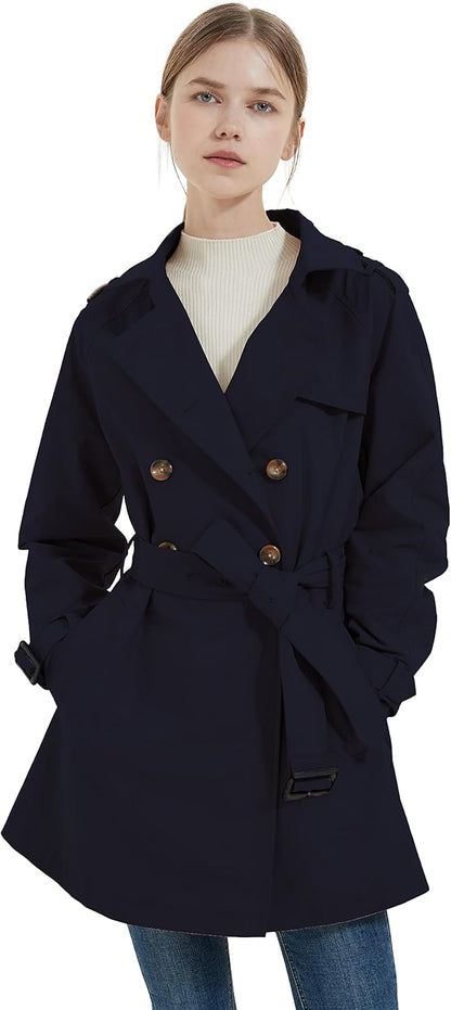 Aurlane Women's Mid-length Jacket Double Breasted Trench Coat with Belt