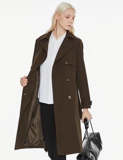 Aurlane Women's Long Trench Coat Double-Breasted Classic Lapel Overcoat with Belt