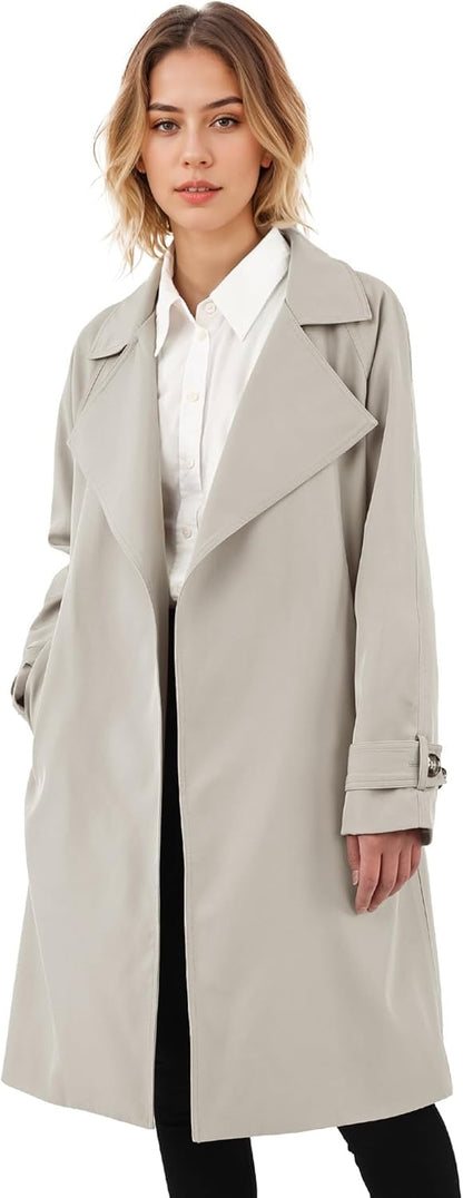 Aurlane Women's Casual Notched Lapel Trench Coat Mid-Length Slim Fit Overcoat with Belt