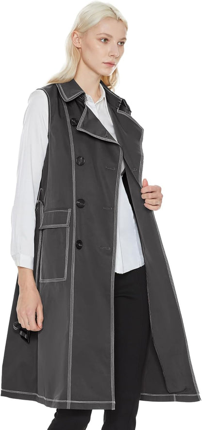 Aurlane Women's Lightweight Sleeveless Vest Double Breasted Trench Coat Office Long Blazer Jacket with Belt