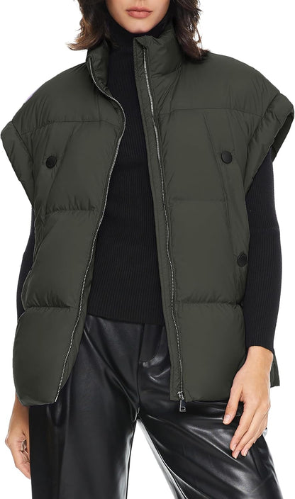 Aurlane Women's Puffer Down Vest Oversized Warm Sleeveless Jacket Fashion Quilted Outerwear Gilet with Stand Collar