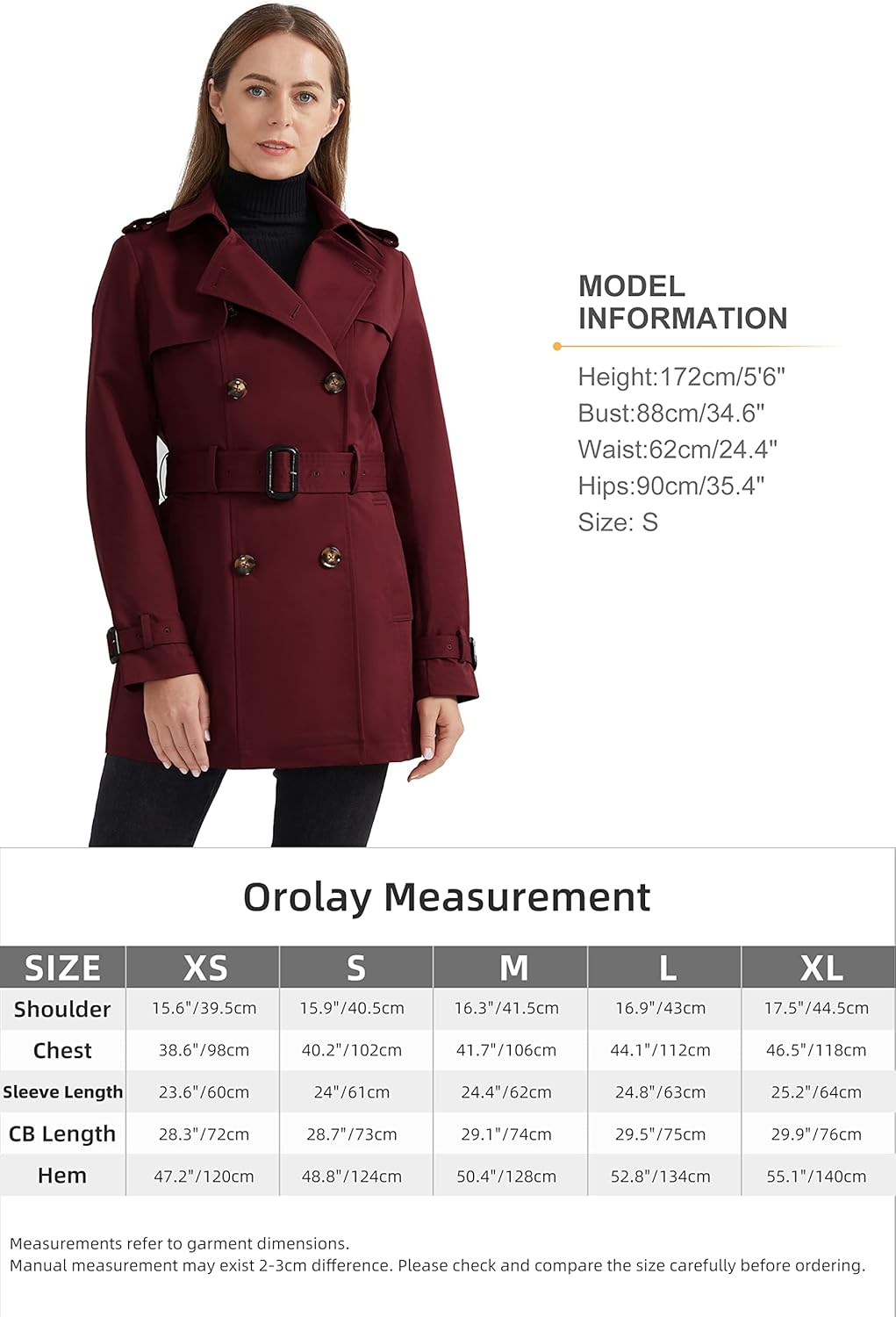 Aurlane Women's Double Breasted Trench Coat Windbreaker Jacket with Belt