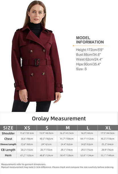 Aurlane Women's Double Breasted Trench Coat Windbreaker Jacket with Belt