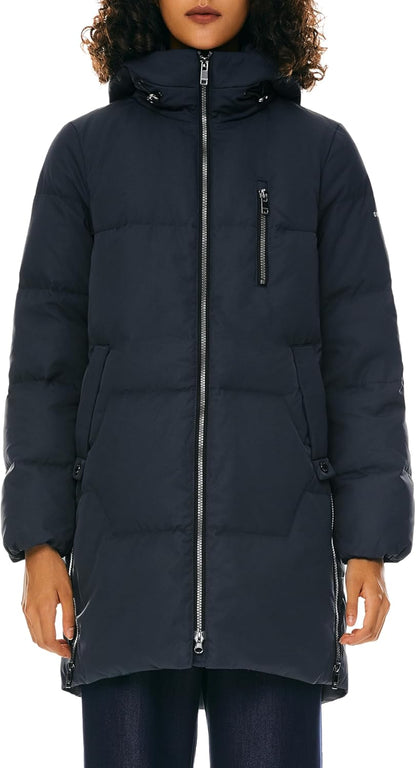 Aurlane Women's Stylish Down Hooded Jacket with Two-Way Zipper Winter Down Coat Puffer Jacket A-line Coat