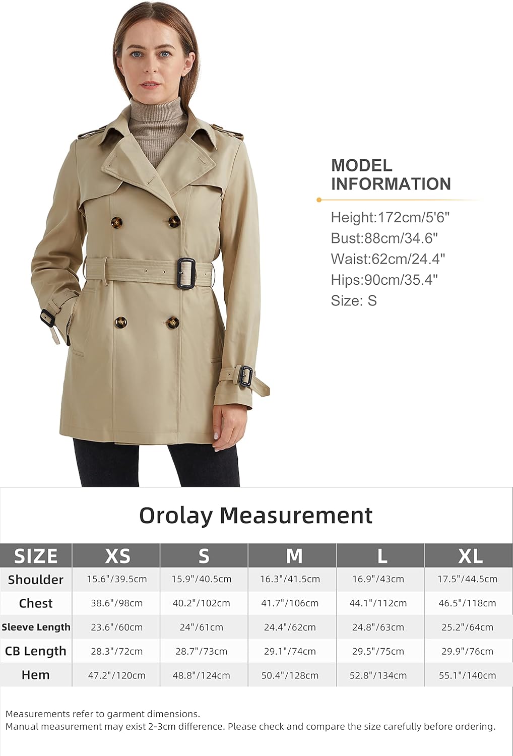 Aurlane Women's Double Breasted Trench Coat Windbreaker Jacket with Belt