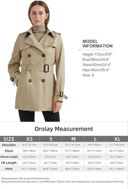 Aurlane Women's Double Breasted Trench Coat Windbreaker Jacket with Belt