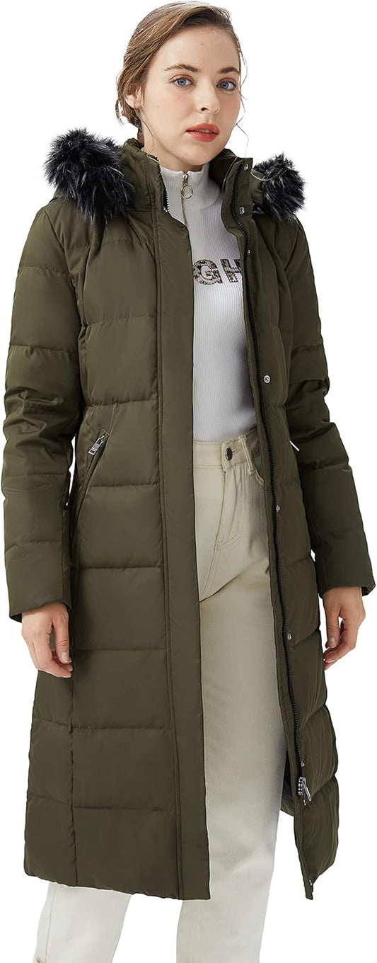 Aurlane Women's Quilted Down Jacket Winter Long Coat Hooded Stand Collar Parka