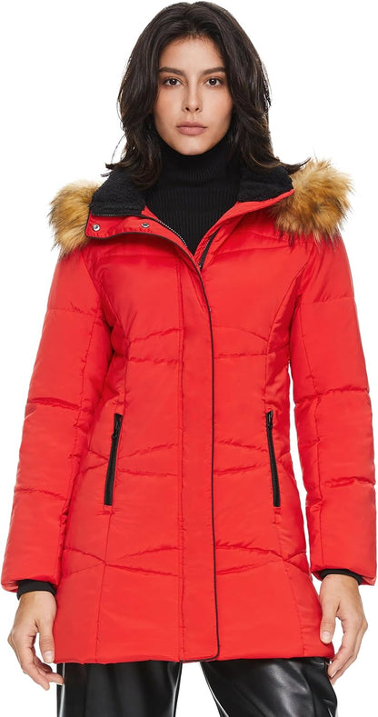 Aurlane Women’s Insulated Jacket with Removable Hood Faux Fur Zip up Winter Coat Mid-length