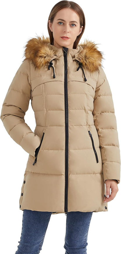 Aurlane Women's Winter Down Jacket with Faux Fur Trim Hood