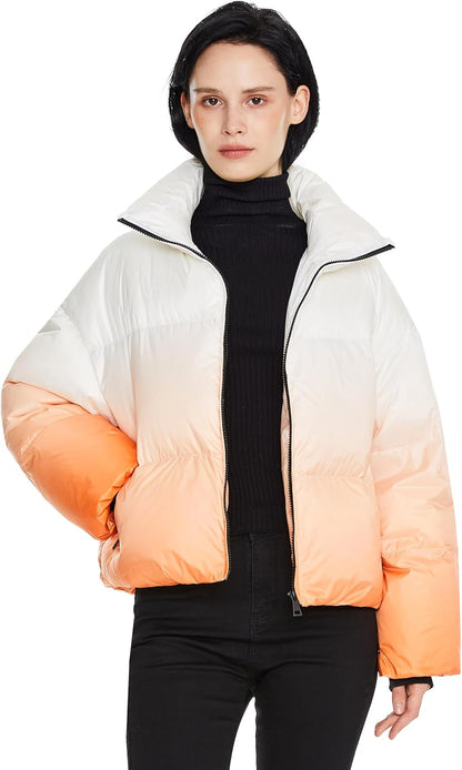 Aurlane Women's Cropped Puffer Jacket - Stand Collar Gradient Effect Short Down Coat