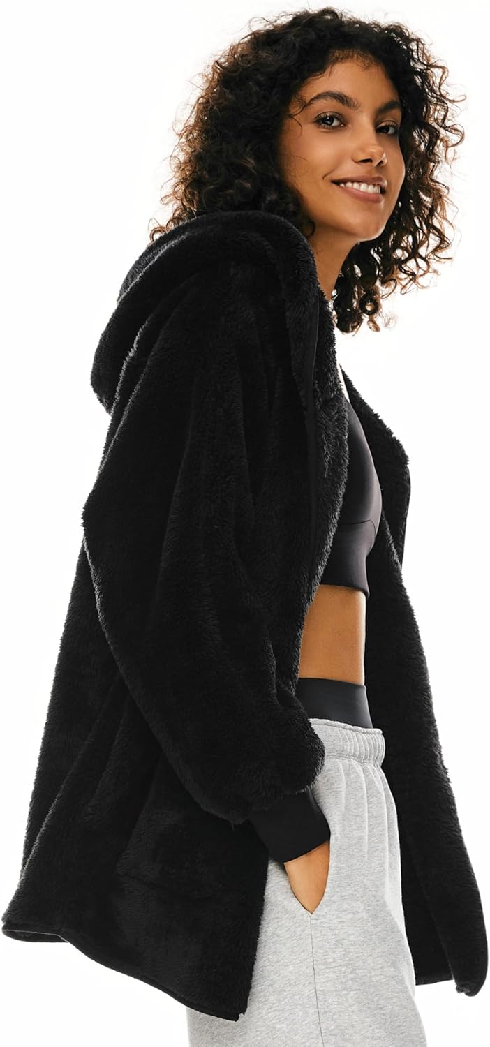 Aurlane Women's Hooded Fuzzy Fleece Jacket Long Sleeve Winter Open Front Cardigan Oversized Coat with Pockets