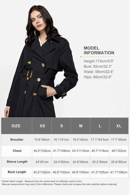 Aurlane Women's 3/4 Length Double Breasted Trench Coat Lapel Jacket with Belt