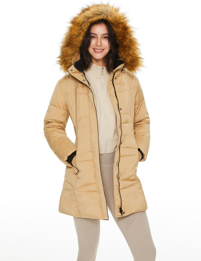 Aurlane Women’s Insulated Jacket with Removable Hood Faux Fur Zip up Winter Coat Mid-length