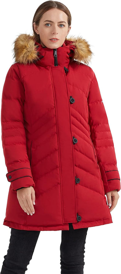 Aurlane Women's Hooded Slim Puffer Jacket Quilted Mid Length Winter Down Coat