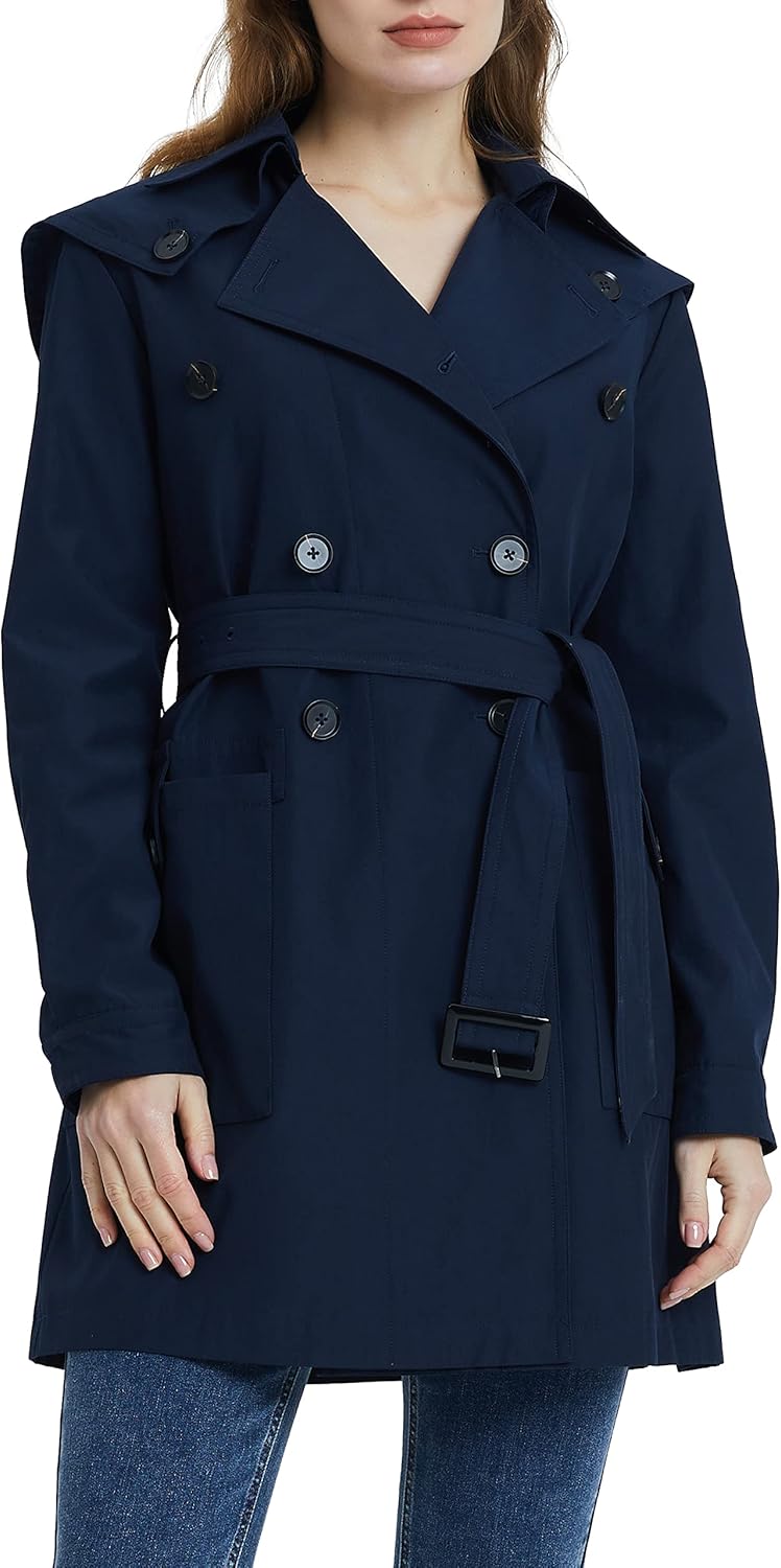 Aurlane Women's Double Breasted Trench Coat Notched Lapel Jacket with Belt