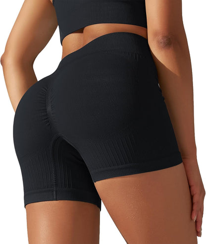 Aurlane Women's Ribbed Yoga Shorts High Waisted Seamless Workout Gym Athletic Biker Shorts