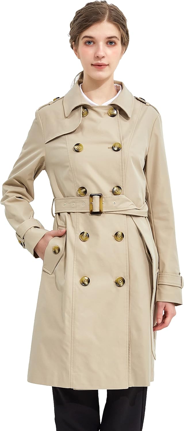 Aurlane Women's Mid-length Trench Coat Double Breasted Dress Jacket Classic Lapel Slim Overcoat with Belt