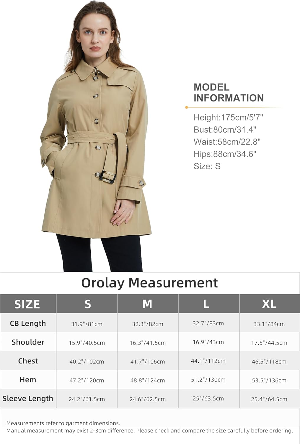 Aurlane Women's Belted Trench Coat Windproof Classic Overcoat Slim Outdoor Jackets with Wide Lapel