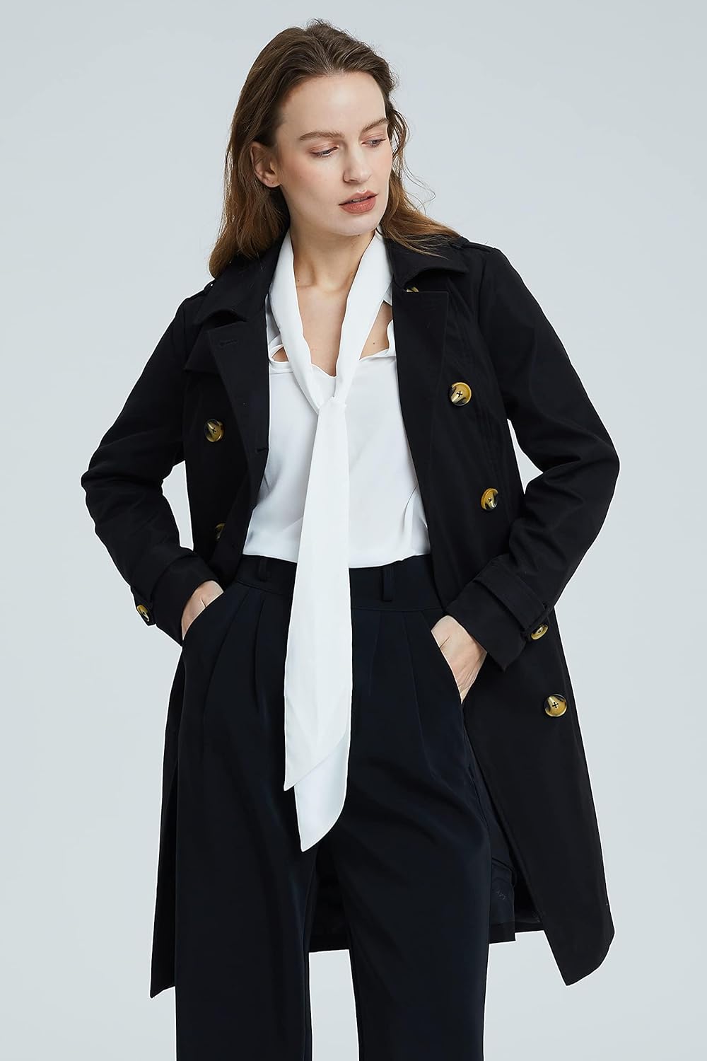 Aurlane Women's Mid-length Trench Coat Double Breasted Dress Jacket Classic Lapel Slim Overcoat with Belt