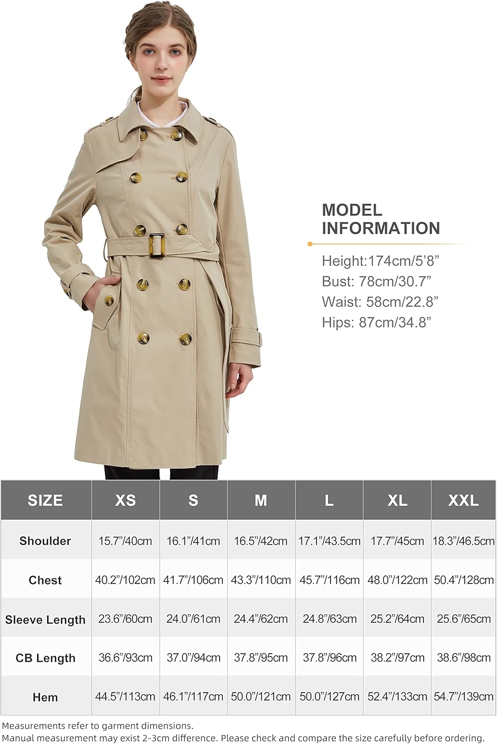 Aurlane Women's Mid-length Trench Coat Double Breasted Dress Jacket Classic Lapel Slim Overcoat with Belt