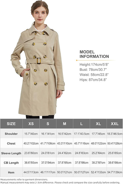 Aurlane Women's Mid-length Trench Coat Double Breasted Dress Jacket Classic Lapel Slim Overcoat with Belt