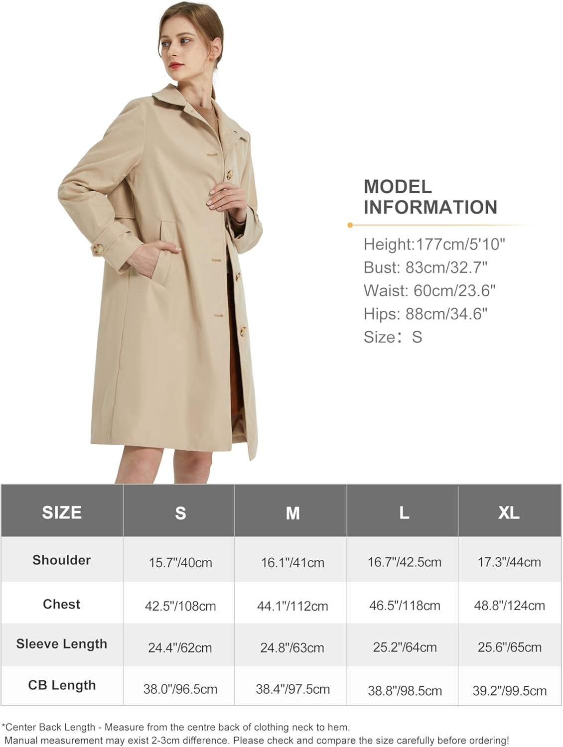 Aurlane Women's Single Breasted Trench Coat Mid Long Classic Lapel Windproof Slim Outerwear Coats