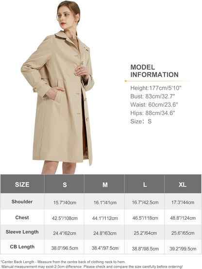 Aurlane Women's Single Breasted Trench Coat Mid Long Classic Lapel Windproof Slim Outerwear Coats