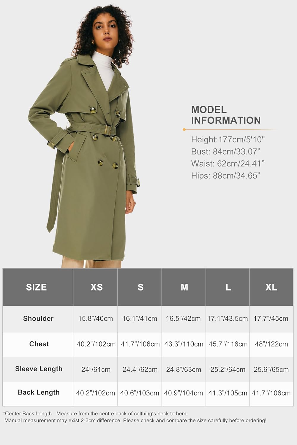 Aurlane Women's 3/4 Length Double Breasted Trench Coat Lapel Jacket with Belt