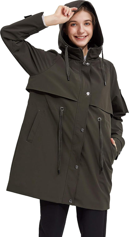 Aurlane Women's Long Windbreaker Hooded Light Jacket Active Outdoor Anoraks