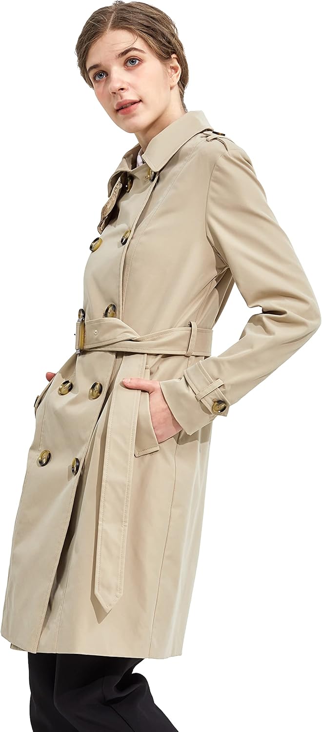 Aurlane Women's Mid-length Trench Coat Double Breasted Dress Jacket Classic Lapel Slim Overcoat with Belt