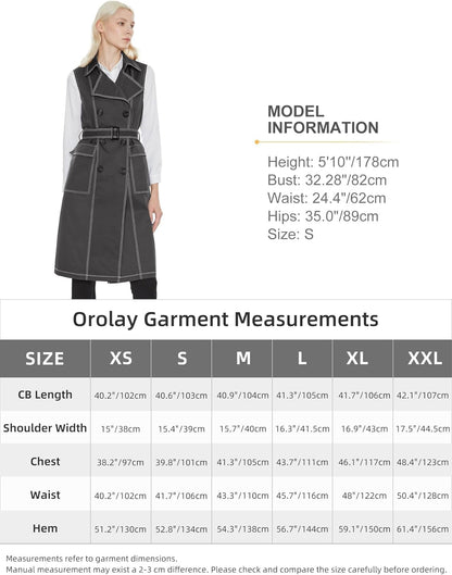 Aurlane Women's Lightweight Sleeveless Vest Double Breasted Trench Coat Office Long Blazer Jacket with Belt