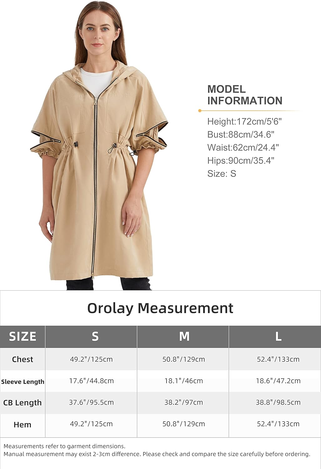 Aurlane Women's Half Sleeve Trench Coat Mid-Length Hooded Coat Zipper Closure