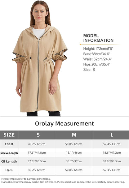 Aurlane Women's Half Sleeve Trench Coat Mid-Length Hooded Coat Zipper Closure