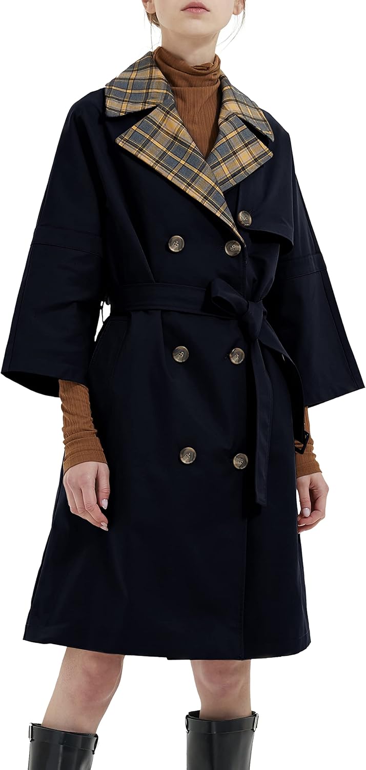 Aurlane Women's Double Breasted Trench Coat Classic Jacket Belted Lapel Coat