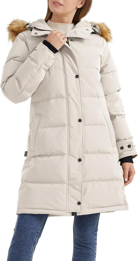 Aurlane Women's Thickened Down Coat Long Puffer Jacket with Adjustable Hood Quilted Warm Winter Parka