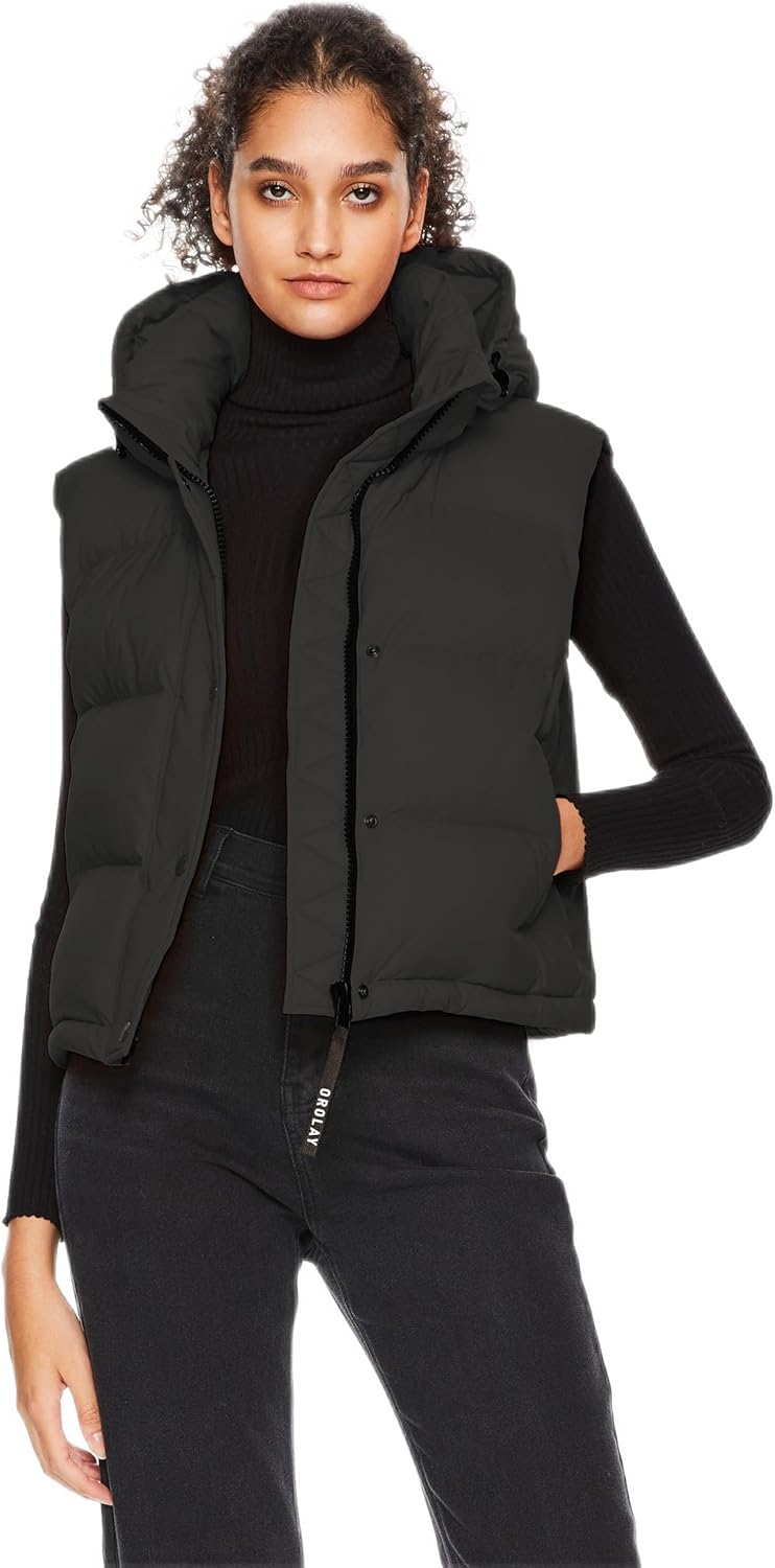 Aurlane Women's Cropped Puffer Vest - Hooded Sleeveless Down Jacket Stand Collar Gilet with Pockets