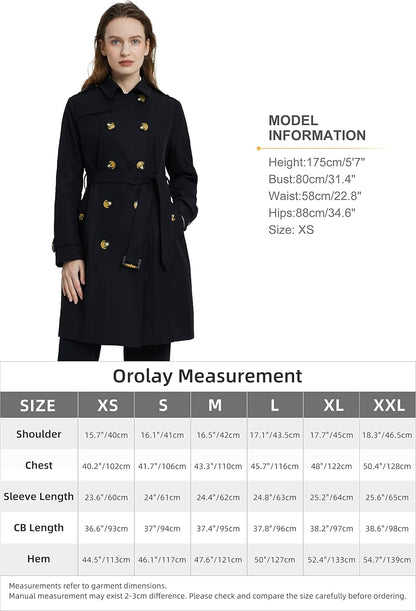 Aurlane Women's Mid-length Trench Coat Double Breasted Dress Jacket Classic Lapel Slim Overcoat with Belt